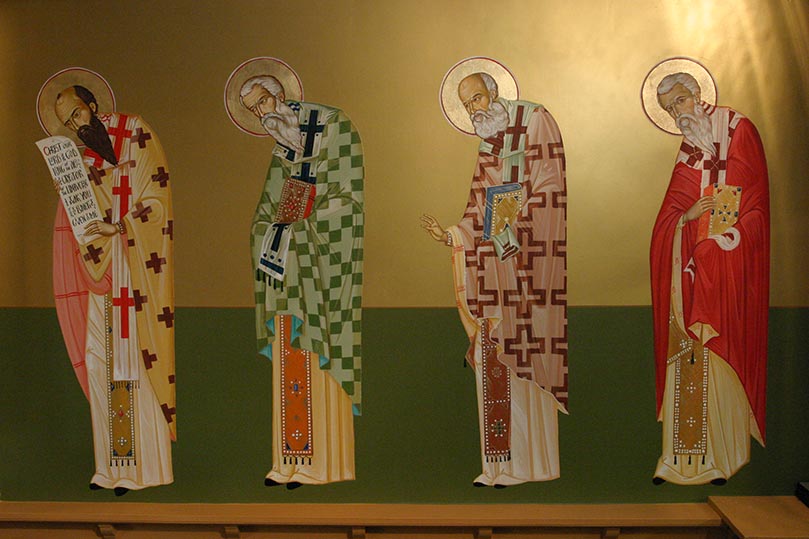 The new icons in the Holy Place of St. John Chrysostom Melkite Church depict the Early Fathers of the Church from the 3rd-5th century vested in liturgical robes and bowing toward the altar. Here they include (l-r) St. Basil the Great, holding a scroll expressing his gratitude to the Creator, St. James of Jerusalem, St. Athanasios the Great and St. Ignatios of Antioch. Photo By Michael Alexander