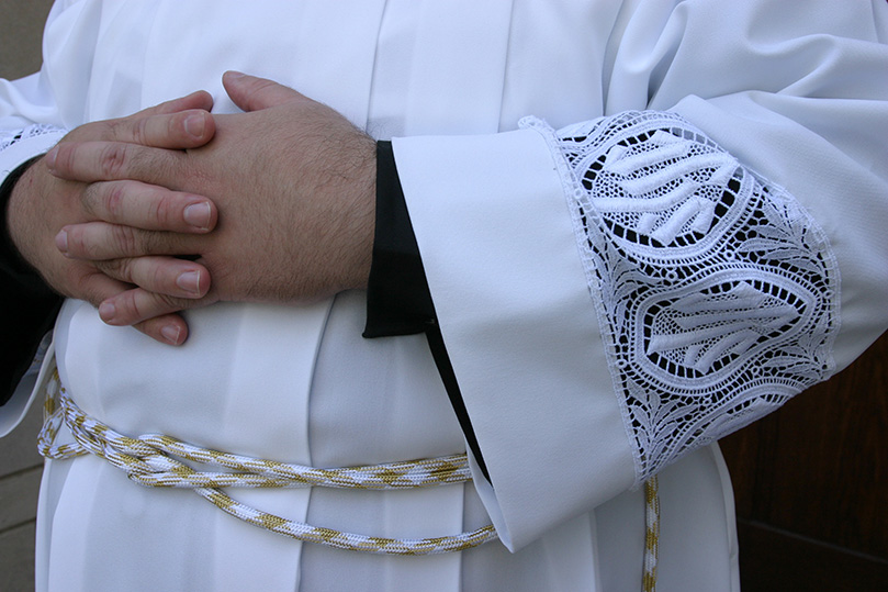 The Roman style alb of transitional deacon candidate Omar Loggiodice was made by a Mexican Oblate Sister of the Blessed Sacrament in Washington, D.C. Photo By Michael Alexander