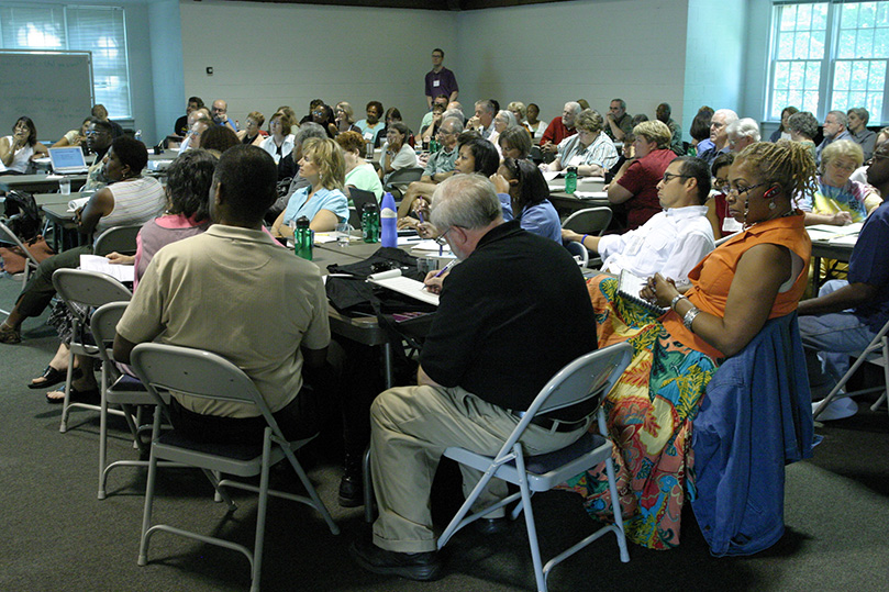 Nearly 100 people take part in the July 21 Advanced Symposium on Racism during the Social Action Summer Institute on the campus of Oglethorpe University, Atlanta. Photo By Michael Alexander