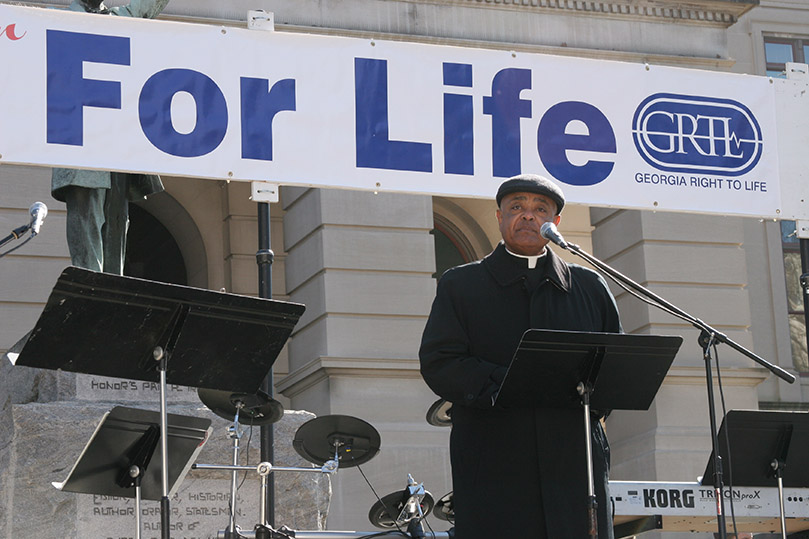 Archbishop Wilton D. Gregory addresses the crowd on hand for the  pro-life memorial service sponsored by Georgia Right To Life in front of the Georgia State Capitol. Photo By Michael Alexander