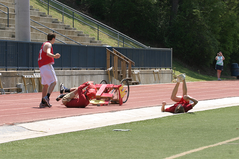 Then the red faction, Chariot of Fire, had an unexpected spill. Photo By Michael Alexander