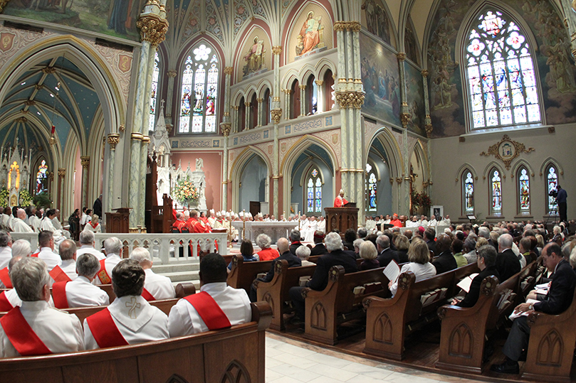 Archbishop Wilton D. Gregory was the homilist and ordaining prelate for Bishop-elect Gregory John Hartmayer's episcopal ordination and installation. The Cathedral of St. John the Baptist, an ornate French Gothic style church that dates back over 100 years, was the site of the ordination. Photo By Michael Alexander