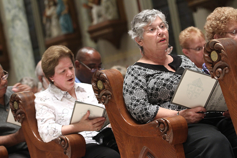 Members of St. Philip Benizi Church, Jonesboro, like Yone Daly, left, and Gerry Henley travelled to Savannah for the solemn vespers, as well as the episcopal ordination of Bishop-elect Gregory Hartmayer, who served as their parish pastor for 15 years. Photo By Michael Alexander  