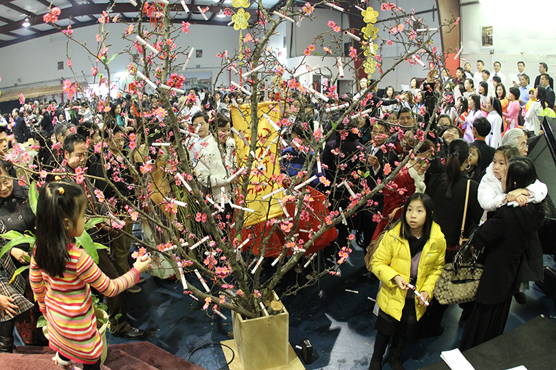 Parishioners, children and adults alike, pick scrolls from the tree with hoa dao, a pink blossom that represents the coming of spring. Each scroll is inscribed with a Scripture verse one must try to adhere to during the year. Photo By Michael Alexander