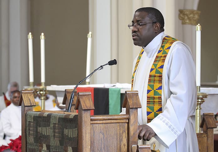 Father Henry Atem, pastor of St. George Church, Newnan, served as homilist for the Martin Luther King Jr. Eucharistic Celebration. Photo By Michael Alexander