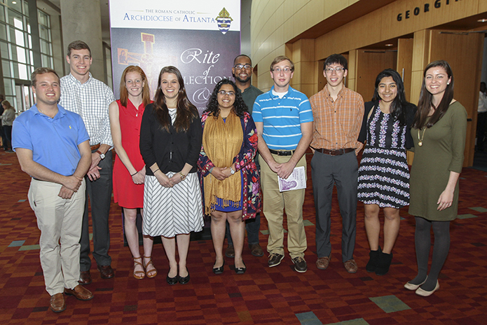 Some of the Georgia Tech Catholic Center members on hand for the Rite of Election and the Call to Continuing Conversion included (l-r) Jonathan Edwards (sponsor), Zach Matthews (candidate), Kat Matthews (candidate), Laura Winalski (RCIA coordinator director), Srishti Gupta (sponsor), Christopher Walker (catechumen), Joseph Colosimo (candidate), Stephen Wang (sponsor), Jessica Alina Bañuelos (candidate) and Clare Botti (sponsor). Photo By Michael Alexander