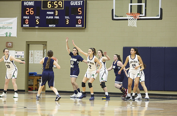 Notre Dame Academy made it tough for Brandon Hall School players to score down low in the paint. Notre Dame won the Jan. 31 game 48-10. Photo By Michael Alexander