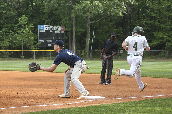 Holy Spirit Prep starting pitcher Ben Grantham (#4) beats out a throw to first base in the first inning. In three innings as the starting pitcher, he allowed two runs on three hits, striking out six and walking one. Photo By Michael Alexander