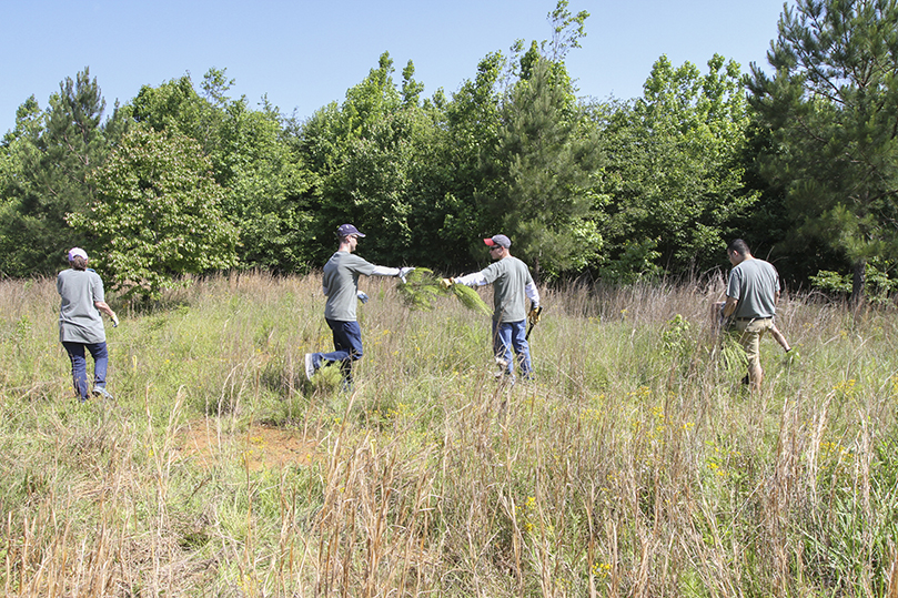 Seminarian Colin Patrick, right center, hands a piece of brush he cut to fellow seminarian Brandon Scherff. One of the jobs during the May 16 seminarian workday was to clear some of the brush from around the burial plots. Photo By Michael Alexander