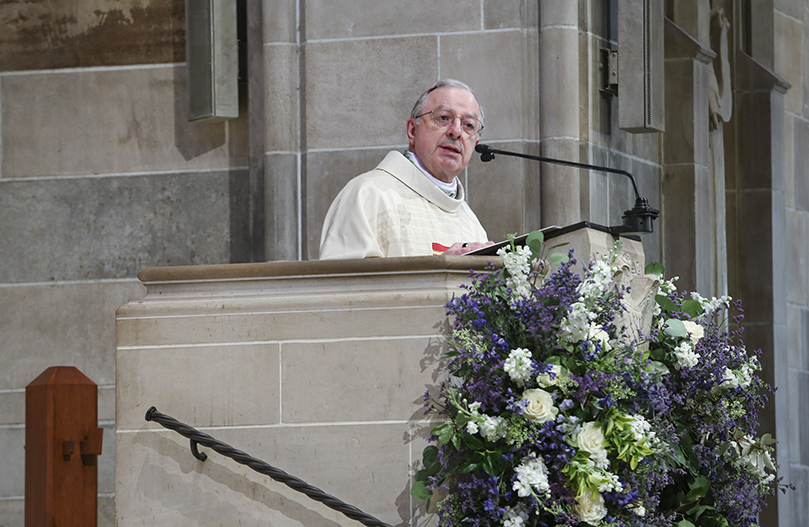 Bishop Joel M. Konzen, SM, gives some closing remarks before the final blessing. Bishop Konzen was elected by the College of Consultors May 24, 2019 to oversee the Atlanta Archdiocese as the diocesan administrator, a position which officially ended May 6, the day of the Mass of Canonical Installation. Photo By Michael Alexander