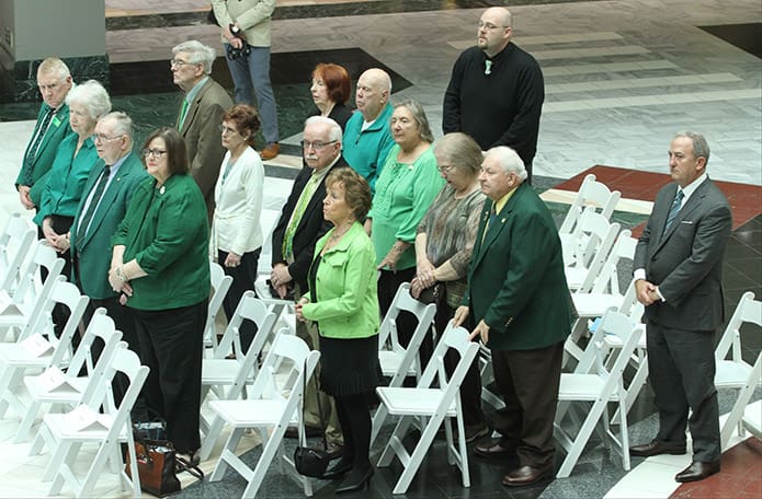 Father Thomas O’Reilly memorial ceremony attendees gather in the Atlanta City Hall atrium, March 11, for the 152th anniversary celebration marking the heroic actions of Shrine of the Immaculate Conception pastor Father Thomas O’Reilly during the Civil War. Photo By Michael Alexander