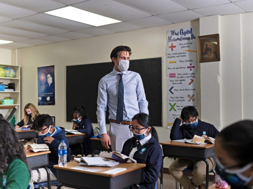 ACE Fellow Christopher Lembo leads his class at St. Peter Claver Regional School in Decatur. Photo by Johnathon Kelso