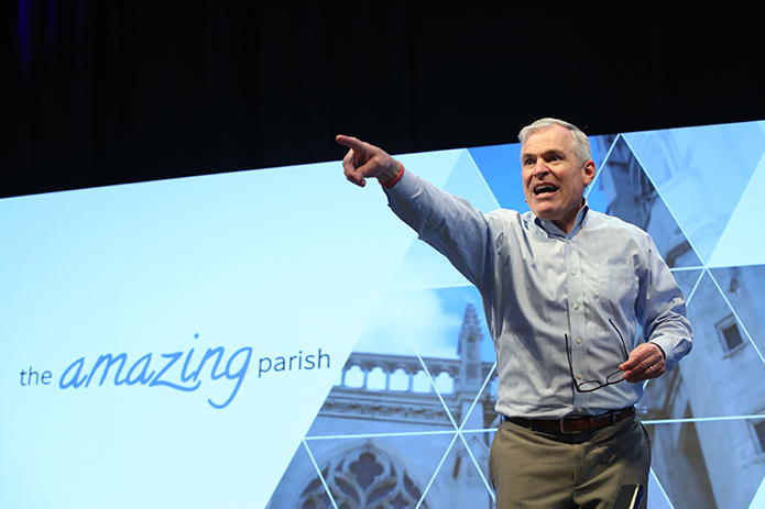 The Amazing Parish cofounder and presenter, Pat Lencioni, addresses a crowd of some 1,080 parish leaders during the Amazing Parish conference at the Atlanta Marriott Marquis Hotel, May 13-15. Photo By Michael Alexander