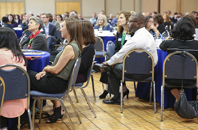 Lauren Menis, foreground, second from left, a founding partner of the Atlanta Initiative Against Anti-Semitism (AIAAS), is joined by representatives from various corporate, county, municipal, public safety, religious and school entities at the organization’s March 30 leadership forum on anti-Semitism. Photo By Michael Alexander