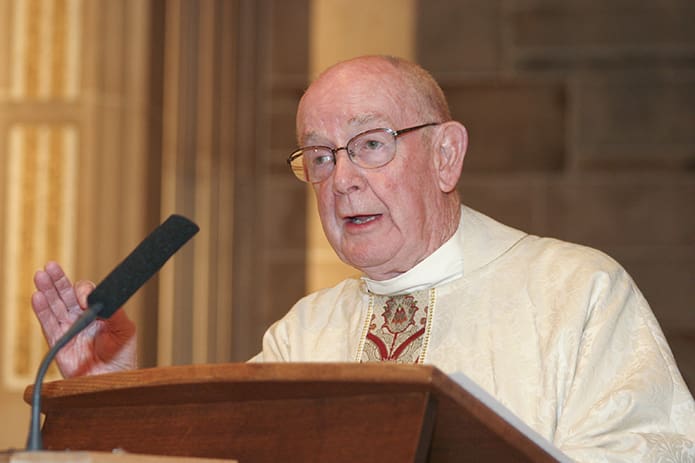 In his role as vicar general, Msgr. R. Donald Kiernan gives the homily during the Jan. 10, 2005 farewell Mass for Archbishop John F. Donoghue. Photo By Michael Alexander