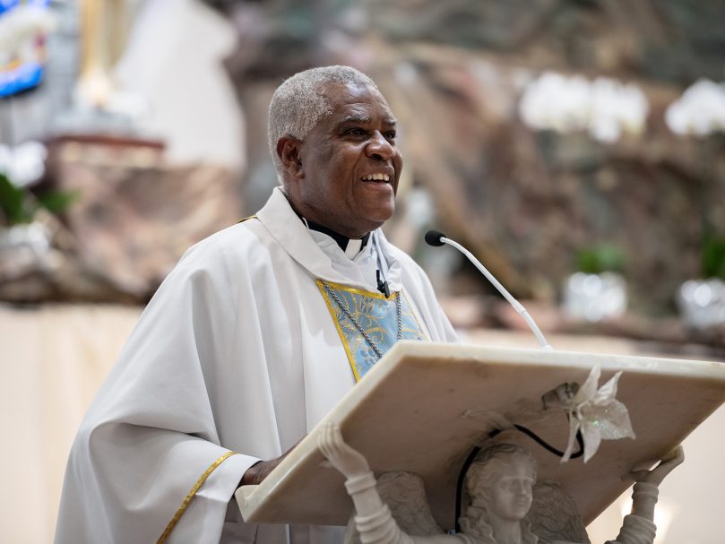 Bishop-desginate Jacques E. Fabre-Jeune, CS, delivers the homily at San Felipe de Jesús Mission. Photo by Johnathon Kelso