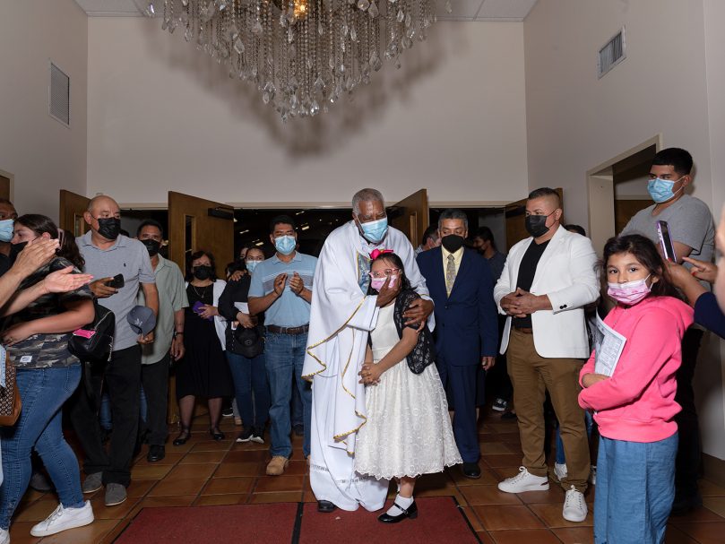 Parishioners of San Felipe de Jesús Mission greet Bishop-designate Jacques E. Fabre-Jeune, CS, following the Mass held in his honor. Photo by Johnathon Kelso