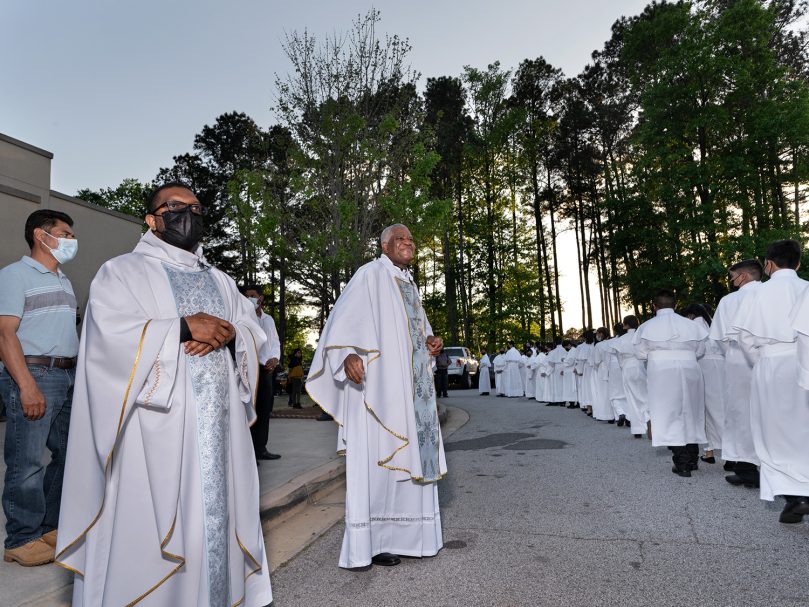 Bishop-designate Jacques E. Fabre-Jeune, CS, greets parishioners following a farewell Mass at San Felipe de Jesús Mission in April. Photo by Johnathon Kelso