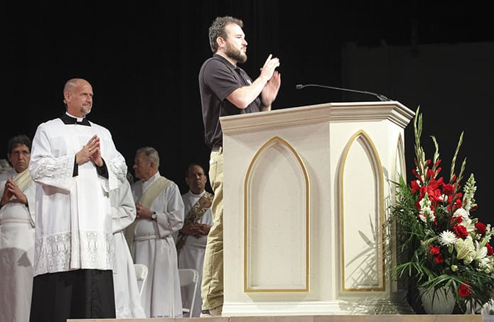 Steven Eubanks was the only person to do his intercessory prayer during the closing Mass in American Sign Language. Eubanks attends St. Gabriel Church, Fayetteville. Photo By Michael Alexander