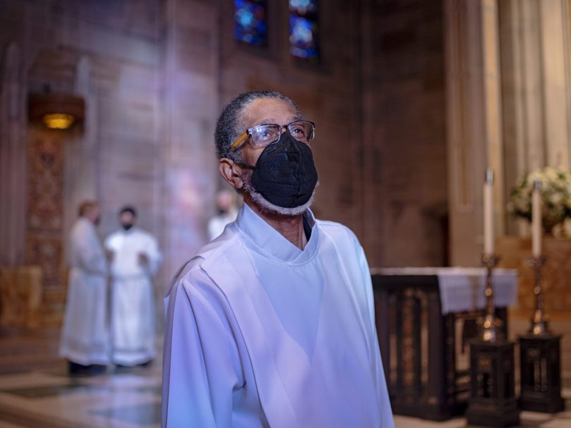 Merlin Todd, a candidate in the diaconate formation program from St. Paul of the Cross, stands in the morning light the Cathedral of Christ the King. Photo by Johnathon Kelso