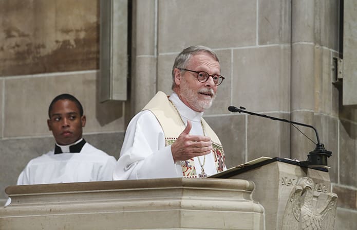 Bishop H. Julian Gordy, representing the Evangelical Lutheran Church in America, provides the first reflection of the Ecumenical Prayer Service commemorating the 50th anniversary of the assassination of Dr. Martin Luther King Jr. The reflection was based on the theme of faith as proclaimed in the reading from 1 Corinthians 16:13-14. Looking on from behind Bishop Gordy is master of ceremonies and seminarian Avery Daniel. Photo By Michael Alexander