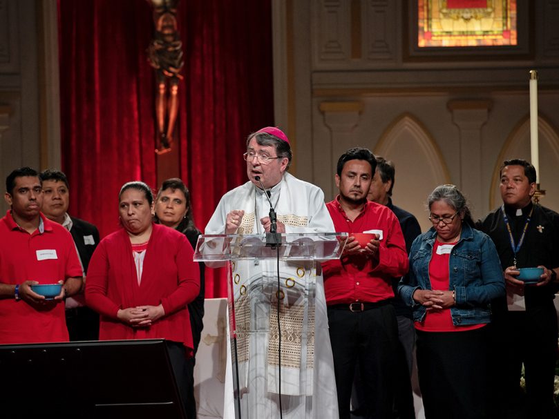 Apostolic Nuncio to the United States of America, Archbishop Christophe Pierre, center, speaks to an audience at the English Track during the last day of the 25th Eucharistic Congress of Atlanta. Photo by Johnathon Kelso