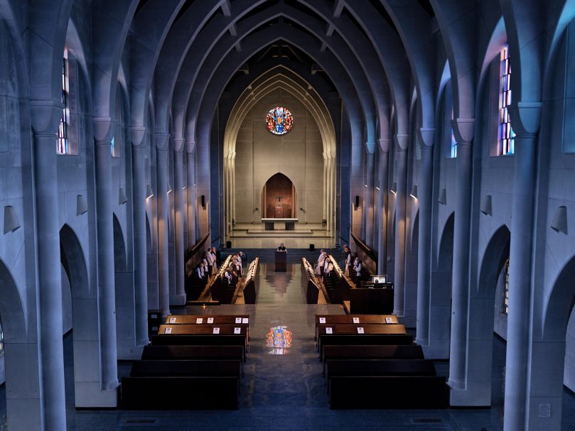 Monks gather for vespers inside the sanctuary of the Abbey Church of the monastery of the Holy Spirit July 25. The sanctuary features new choir stalls and pews. Photo by Johnathon Kelso