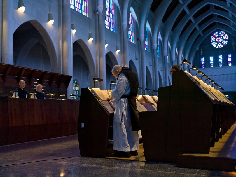 New choir stalls of walnut replaced old plywood stalls, enhancing the acoustics and the overall experience of chanted prayer at the Abbey Church. Photo by Johnathon Kelso