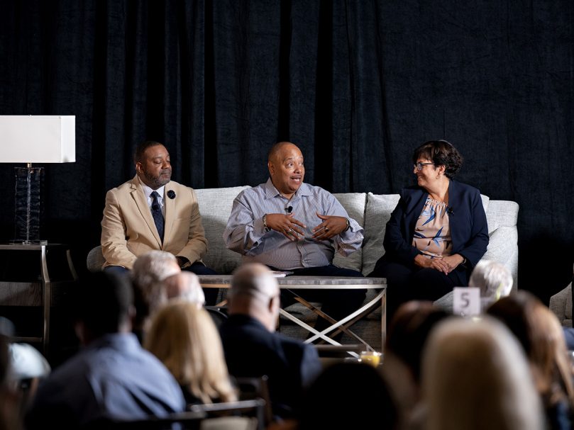 St. Vincent de Paul Georgia supporters take the stage during the the Morning of Hope event Aug. 25. From left to right, Felix Turner of The Kroger Company, Mark Norwood of Open Hands Atlanta, and Patricia Falotico of Pathbuilders. Photo by Johnathon Kelso