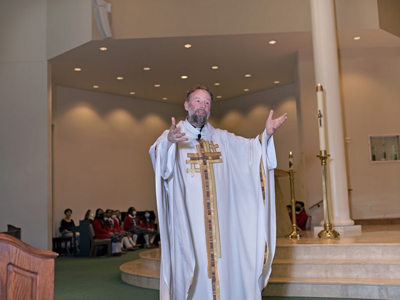 Father Kevin Hargaden delivers a homily during the  last school Mass for Our Lady of Victory school at St. Matthew Church in Tyrone. Photo by Johnathon Kelso