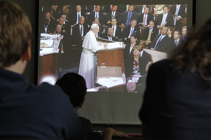 On Sept. 24 a number of classrooms at Holy Spirit Preparatory School, Atlanta, were tuned into Pope Francis addressing the joint session of the United States Congress. Photo By Michael Alexander