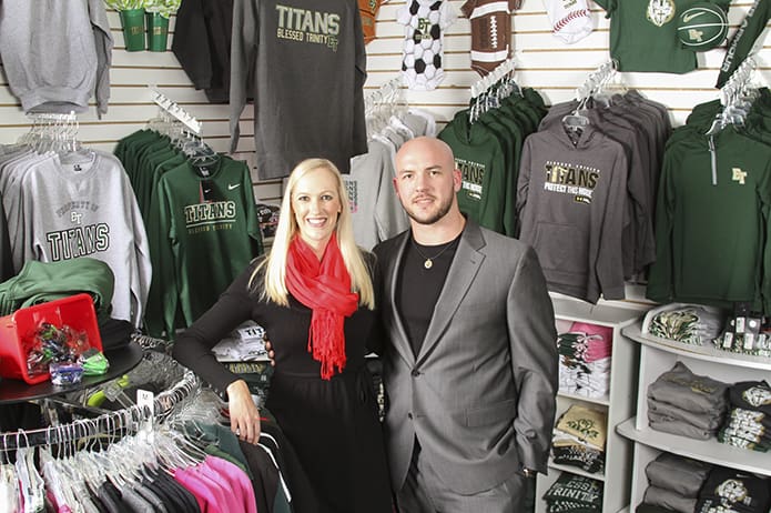 Brooke Alexander, left, and Tyler Flowers were the first two inductees into Blessed Trinity High School’s Athletic Hall of Fame, Jan. 30, 2015. Nominees must have graduated 10 or more years ago. Photo By Michael Alexander