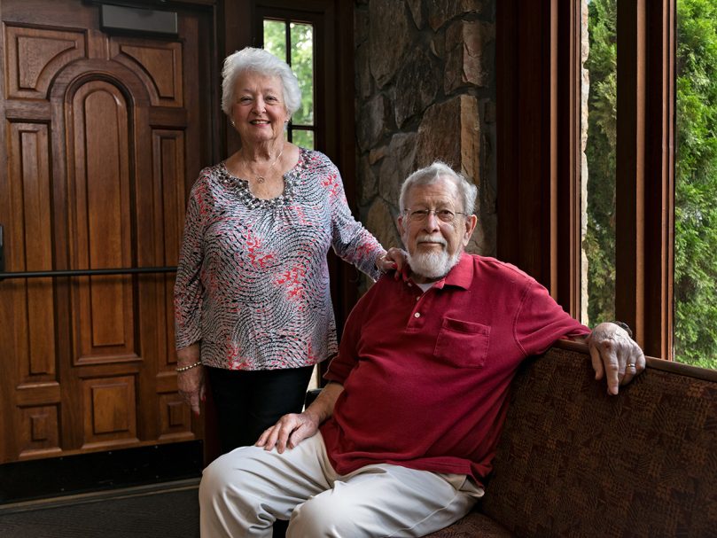 Longtime parish members Terry and Bob Zobel are photographed in the narthex at St. Thomas Aquinas Church in Alpharetta. Photo by Johnathon Kelso