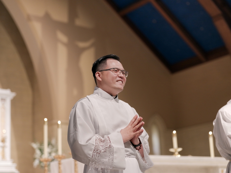 Deacon Joseph Nguyen faces the faithful after being ordained to the transitional diaconate May 20. Photo by Johnathon Kelso