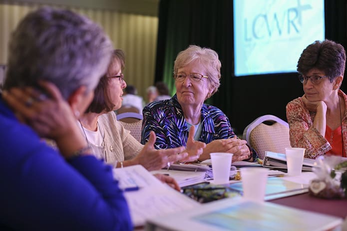 (L-r) Sisters of St. Joseph Mary Pellegrino, president-elect of the LCWR, of Baden, Pa., School Sisters of Notre Dame Catherine Bertrand of St. Paul, Minn., Sisters of St. Joseph of Chestnut Hill Liz Sweeney of Wilmington, Del., and Sisters of St. Francis Pat Farrell of Dubuque, Iowa, share ideas regarding what a conference for a post contemporary generation of women religious would look like. Photo By Michael Alexander