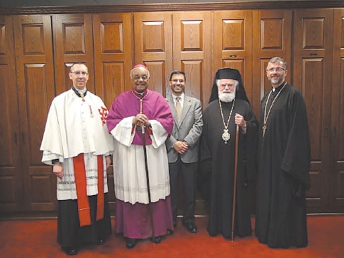 Holy Spirit Church, Atlanta, hosted the eighth Catholic-Orthodox Ecumenical Gathering May 14. Shown are (l-r): Father Paul Burke, Archbishop Wilton D. Gregory, Demetrios Katos, Ph.D., Metropolitan Alexios and Father George Tsahakis.