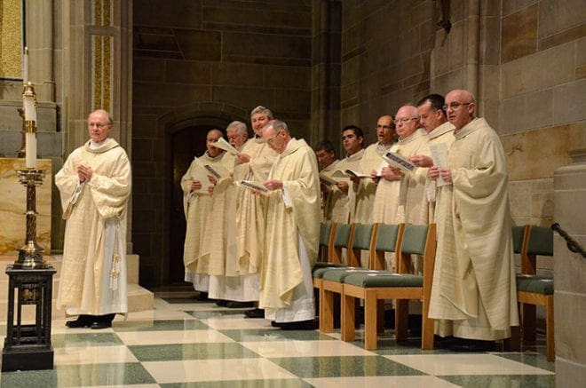 Priests and deacons of the Archdiocese of Atlanta concelebrate the annual Deo Gratias Mass at the Cathedral of Christ the King Sept. 13. The Mass and luncheon are held annually to thank those who have made a planned bequest to the Catholic Foundation of North Georgia, any of its funds, or a parish endowment fund, a school endowment fund or the archdiocese. Photo By Paige MacLane