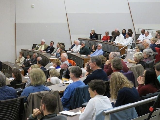 Capacity crowd listens to a presentation by Vatican analyst John Allen Jr. on March 2 at Emory University in Atlanta. The discussion of the papacy of Pope Francis was part of the major Catholic speakers series hosted by the Aquinas Center of Theology at Emory.