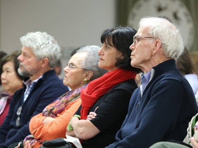 (R-l) Kevin Kelly, Pilar Delaplane, her mother Teresita Pagés and her husband Keith were among the 125 people on hand to listen to Sister Helen Prejean speak about her ministry against the death penalty. Sister Prejean spoke after two Masses at the Catholic Center at the University of Georgia on March 22. Photo By Michael Alexander