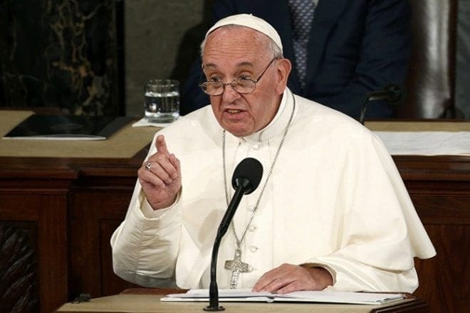 Pope Francis addresses a joint meeting of the U.S. Congress in the House Chamber on Capitol Hill in Washington Sept. 24. CNS Photo/Kevin Lamarque, Reuters