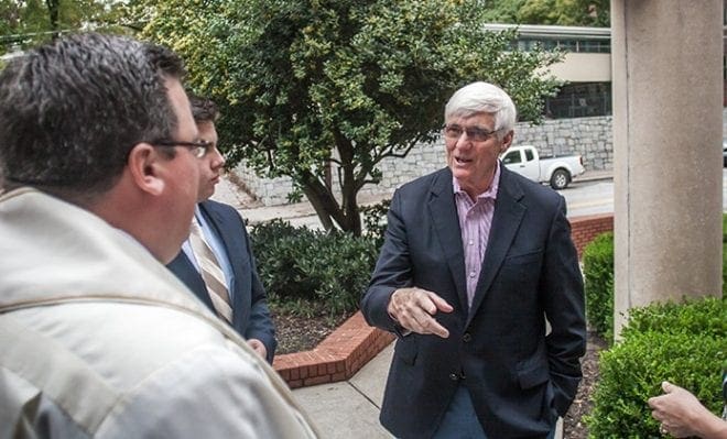 Bobby Cremins, right, who led the Georgia Tech men’s basketball program for 19 years, from 1981-2000, was the co-host of the Friday evening gala Oct. 2 at the university’s hotel and conference center. During his time as coach, Cremins often spent time at the Catholic Center as part of his daily routine. Photo By Thomas Spink