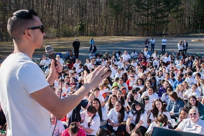 Evangelist and vocalist Paul J. Kim, visiting from Orange County, California, talked to Middle School Fest attendees about how to treat each other and how to treat God. Photo By Thomas Spink