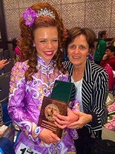 Georgia Stephens, St. Jude School sixth-grader, left, is shown with her dance instructor Jacinta O’Sullivan, of the Atlanta King O’Sullivan School of Irish Dance. Georgia will compete in the world Irish dance championships in Scotland in March.