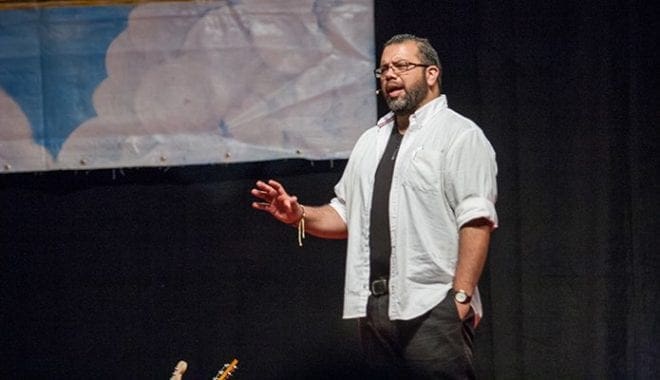 Charismatic speaker Francisco “Pacho” Bermeo, from Colombia, challenges both men and women to become “pregnant with love for Jesus and for one another” as he teaches about mercy as heartfelt concern for another person. Photo By Thomas Spink