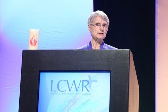 Leadership Conference of Women Religious president Sister Marcia Allen delivers her presidential address to the membership body Aug. 10. Sister Marcia, who resides in Concordia, Kansas, is president of her order, the Sisters of St. Joseph. Photo by Michael Alexander