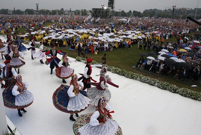 Dancers perform during the World Youth Day welcoming ceremony for Pope Francis in Blonia Park in Krakow, Poland, July 28. CNS Photo/Paul Haring